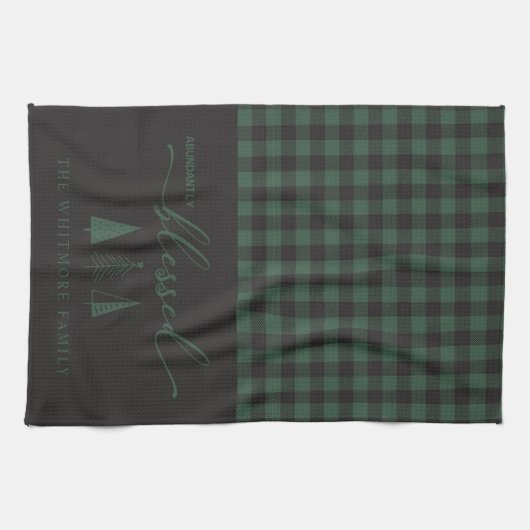 豊富に賛美黒緑のバッファローのプレイド キッチンタオル (横)