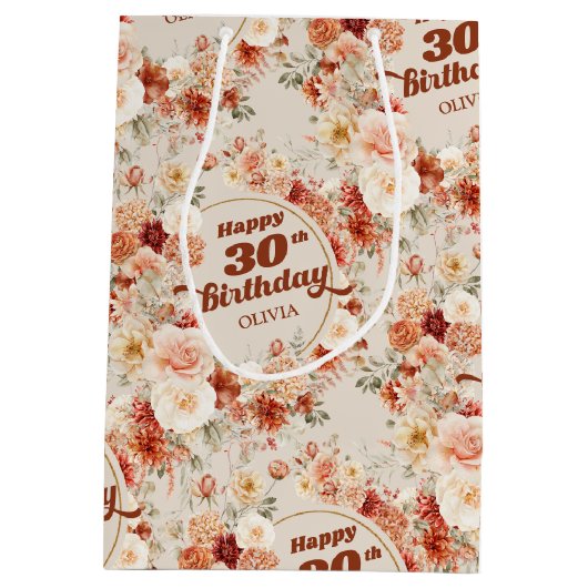 豊穣の秋の銅赤面フローラ30歳の誕生日 ミディアムペーパーバッグ (裏面)