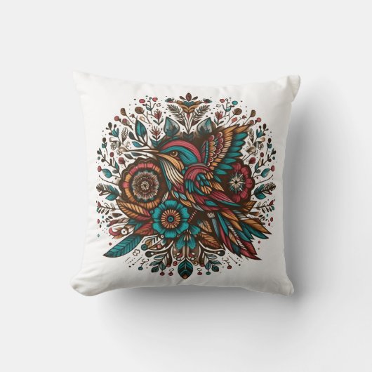 豊鮮やかかな色の鳥とフローラデザイン クッション (正面)