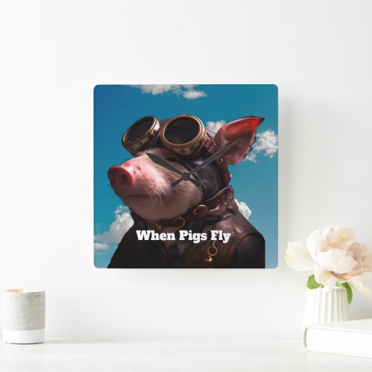 豚おもしろいが飛ぶ時 スクエア壁時計 (ホーム)