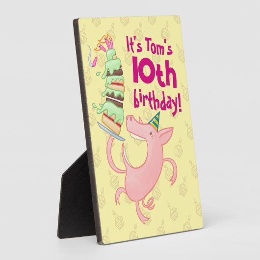 豚おもしろいの名前と年齢の誕生日パーティーケーキアニメ フォトプラーク (側面)