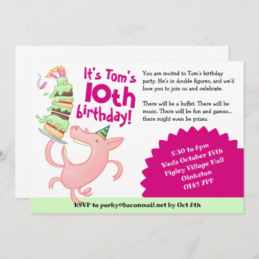 豚おもしろいの名前と年齢の誕生日パーティーケーキアニメ 招待状 (正面/裏面)