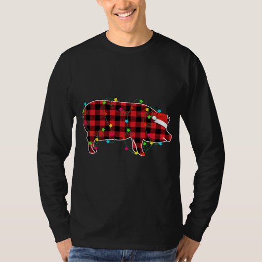 豚おもしろいクリスマスツリー赤い格子状のクリスマス動物ロー Tシャツ (正面)