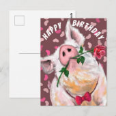 豚おもしろい誕生日カードピギー紳士とバラ ポストカード (正面/裏面)