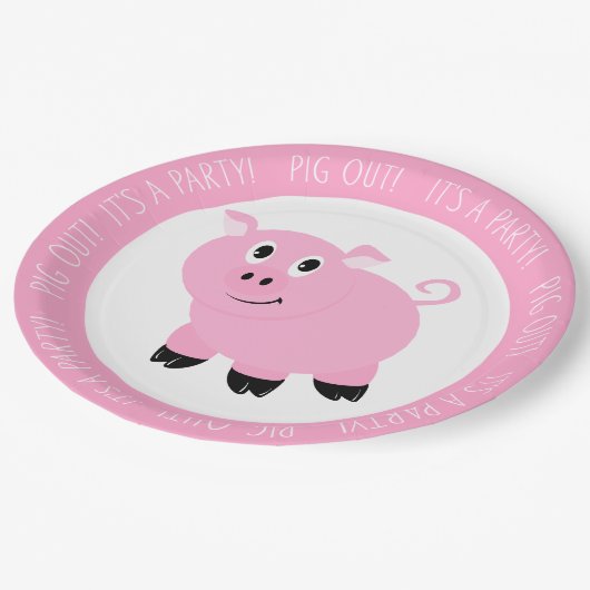 豚が出てパーティーかわいいピンク豚の誕生日パーティー ペーパープレート (アングル)
