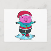 豚が帽子とアイススケートでアイススケートを楽しむ ポストカード (正面)