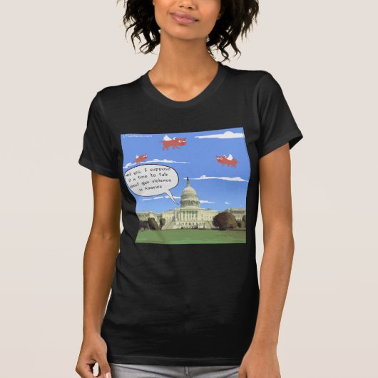 豚が空を飛ぶときの銃規制の議論 Tシャツ (正面)