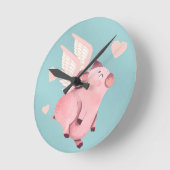 豚が飛飛んでいるぶ時にかわいいブタティール(緑がかった色) ラウンド壁時計 (傾斜)