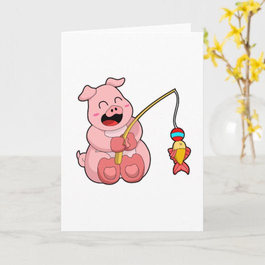 豚が魚と一緒に釣りをしている カード (黄色い花)