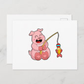 豚が魚と一緒に釣りをしている ポストカード (正面/裏面)