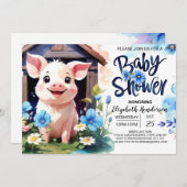 豚とワイルドフラワーファーム赤ちゃんシャワー 招待状 (正面/裏面)