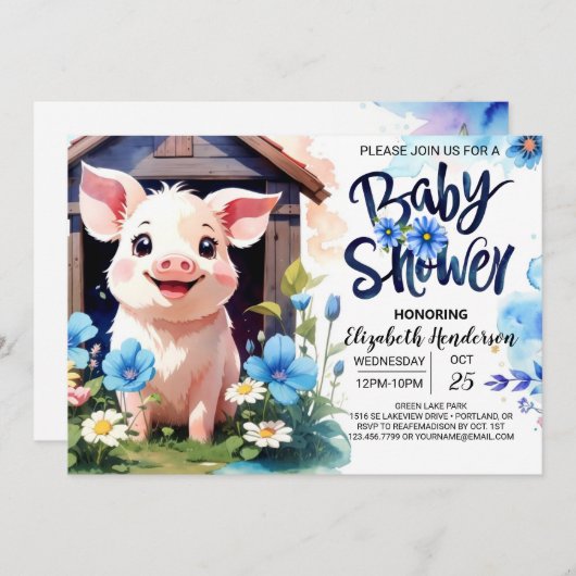 豚とワイルドフラワーファーム赤ちゃんシャワー 招待状 (正面/裏面)