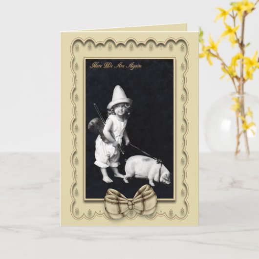 豚のようなおよびIのヴィンテージの写真撮影の挨拶状 カード (黄色い花)