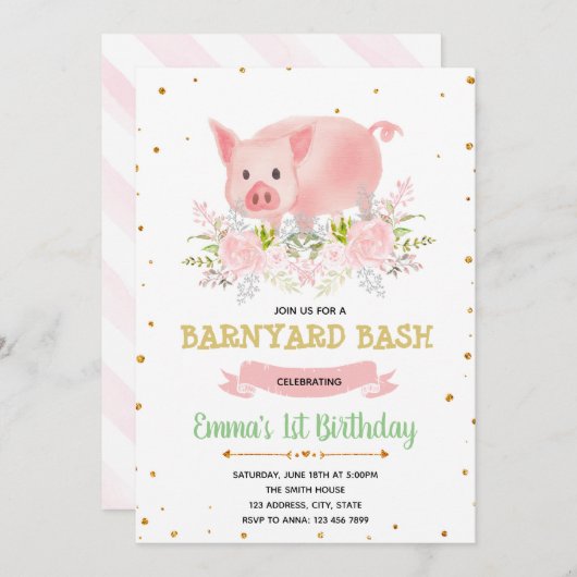 豚のようなパーティーの農場の誕生日の招待 招待状 (正面/裏面)
