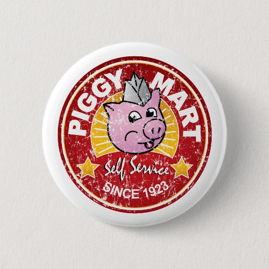 豚のような市場のヴィンテージの食料雑貨品店の従業員のバッジ 缶バッジ (正面)