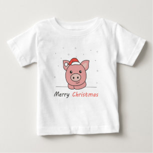 豚のクリスマス雪の冬動物の豚 ベビーTシャツ