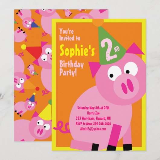豚の動物の子供の誕生日パーティーの招待状 招待状 (正面/裏面)
