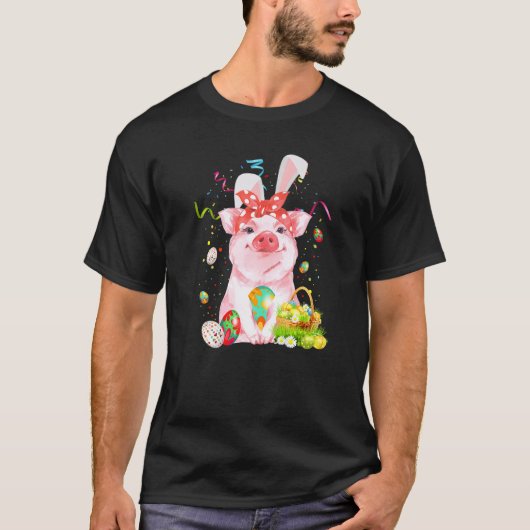 豚の卵狩りバスケットイースターバニー春イースター Tシャツ (正面)