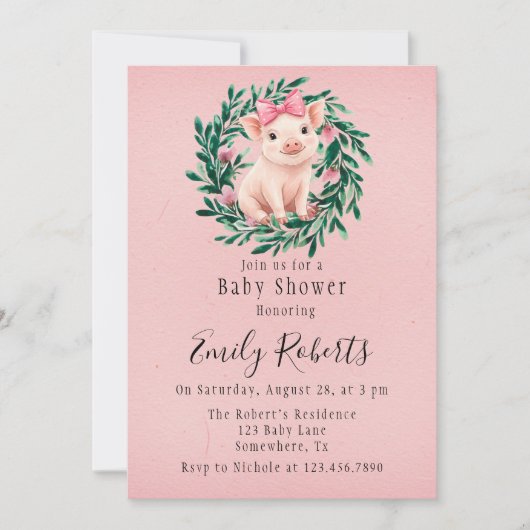 豚の女の子の赤ちゃんのシャワーのための水彩の花輪 招待状 (正面)