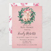 豚の女の子の赤ちゃんのシャワーのための水彩の花輪 招待状 (正面/裏面)