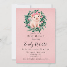 豚の女の子の赤ちゃんのシャワーのための水彩の花輪