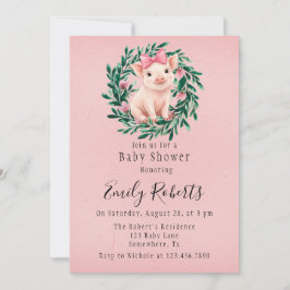 豚の女の子の赤ちゃんのシャワーのための水彩の花輪 招待状