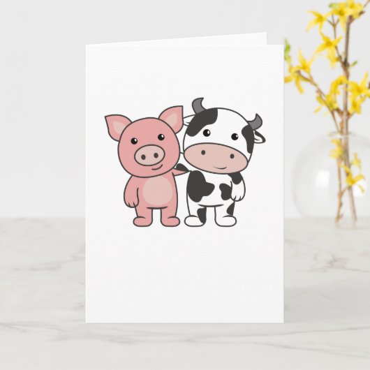 豚の牛の子豚かわいい家畜 カード (黄色い花)