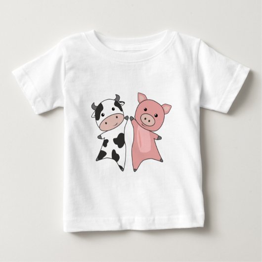 豚の牛の子豚かわいい農場動物Tシャツ ベビーTシャツ (正面)