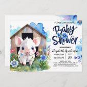 豚の田舎お洒落農場ブルーベビーシャワー 招待状 (正面/裏面)