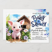 豚の田舎素朴農園の赤ちゃんシャワー 招待状 (正面/裏面)