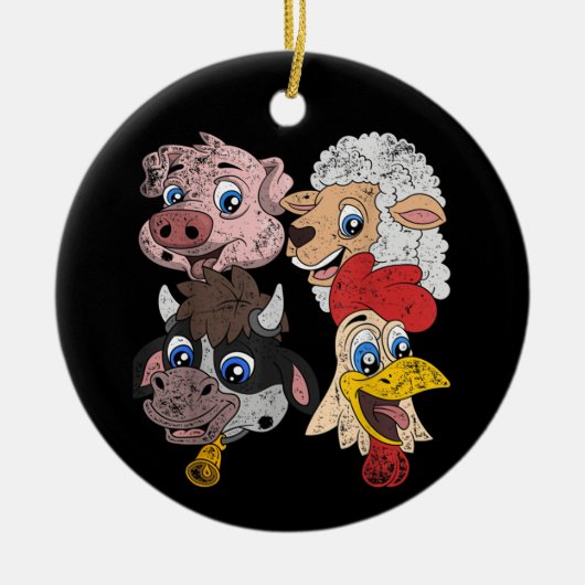 豚の羊の牛のチキンキッズ幼児おもしろいファームSqu セラミックオーナメント (正面)