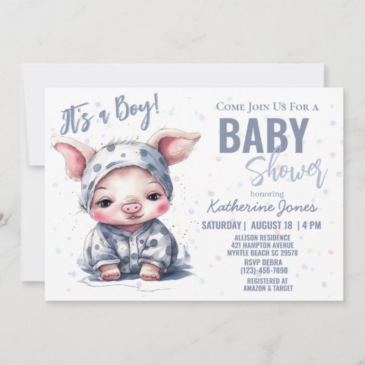 豚の赤ちゃんシャワーダスティブルーボーイファーム 招待状 (正面)
