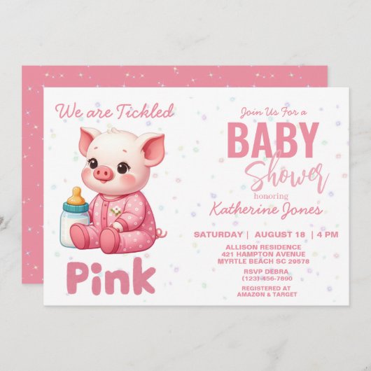 豚の赤ちゃんシャワーピンクガールファーム 招待状 (正面/裏面)