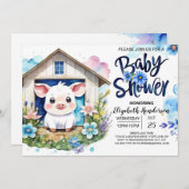 豚の青い水の色のドリームファームベビーシャワー 招待状 (正面/裏面)