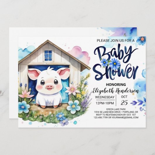 豚の青い水の色のドリームファームベビーシャワー 招待状 (正面/裏面)