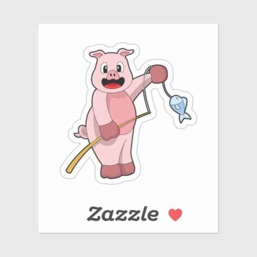 豚の魚釣りと魚釣りロッド&魚 シール (シート)