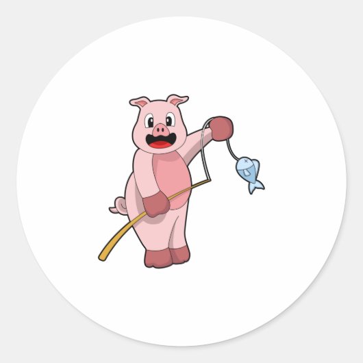 豚の魚釣りと魚釣りロッド&魚 ラウンドシール (正面)