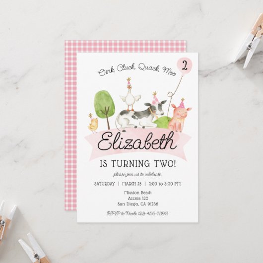 豚の鳴き声 羊の鳴き声 鳥の鳴き声 牛の鳴き声 女の子の牧場の誕生日パーティーI 招待状 (正面/裏面インサイチュ)