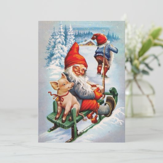 豚をソリで引っ張るヴィンテージのクリスマス格言 シーズンカード (スタンド正面)