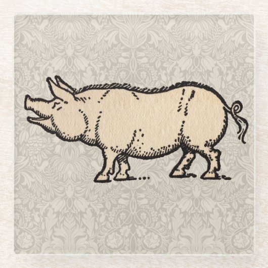 豚アンティークピギーかわいいヴィンテージイラストレーション ガラスコースター (正面)