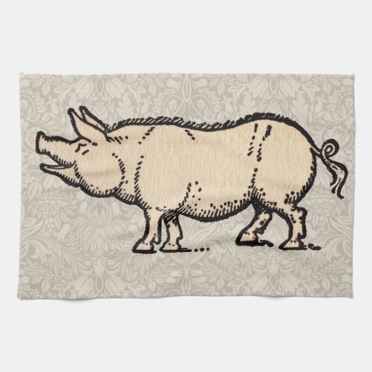 豚アンティークピギーかわいいヴィンテージイラストレーション キッチンタオル (横)