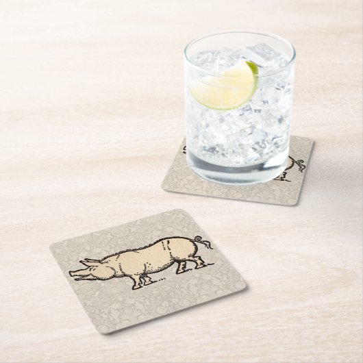 豚アンティークピギーかわいいヴィンテージイラストレーション スクエアペーパーコースター (インサイチュ)