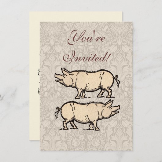 豚アンティークピギーかわいいヴィンテージイラストレーション 招待状 (正面/裏面)