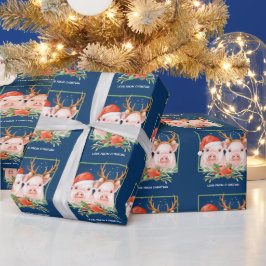 豚カップルのクリスマスサンタとトナカイ ラッピングペーパー