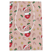 豚クリスマススノーウィンターアニマルズピッグホリデー ミディアムペーパーバッグ (正面)