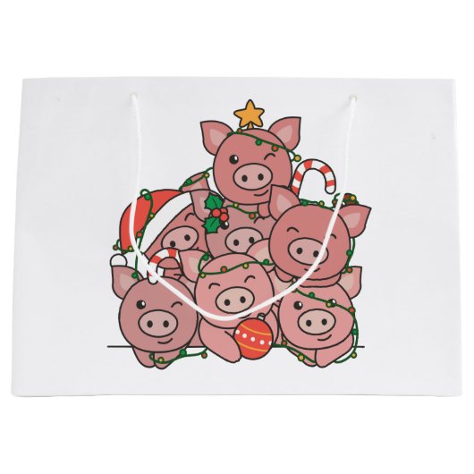 豚クリスマスツリーおもしろい動物クリスマスラージギ ラージペーパーバッグ (正面)