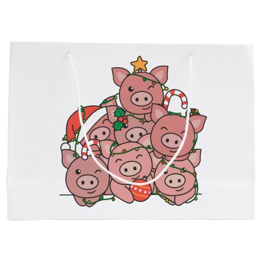 豚クリスマスツリーおもしろい動物クリスマスラージギ ラージペーパーバッグ (裏面)