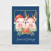 豚サンタとトナカイのカップルのクリスマス シーズンカード (正面)
