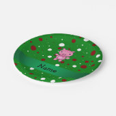 豚パーソナライズされた緑色の白い赤い水玉模様の名前 ペーパープレート (アングル)