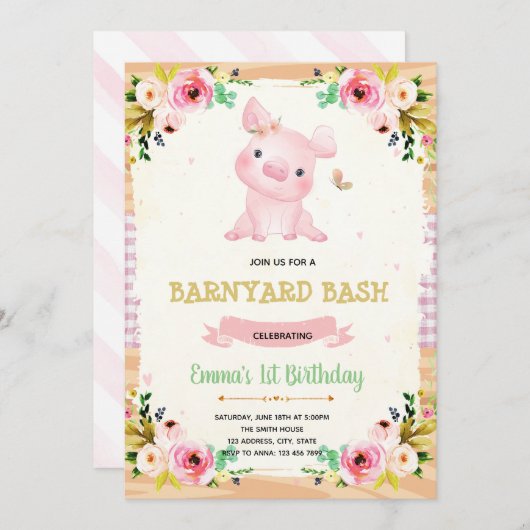 豚パーティーファームの誕生日の招待 招待状 (正面/裏面)